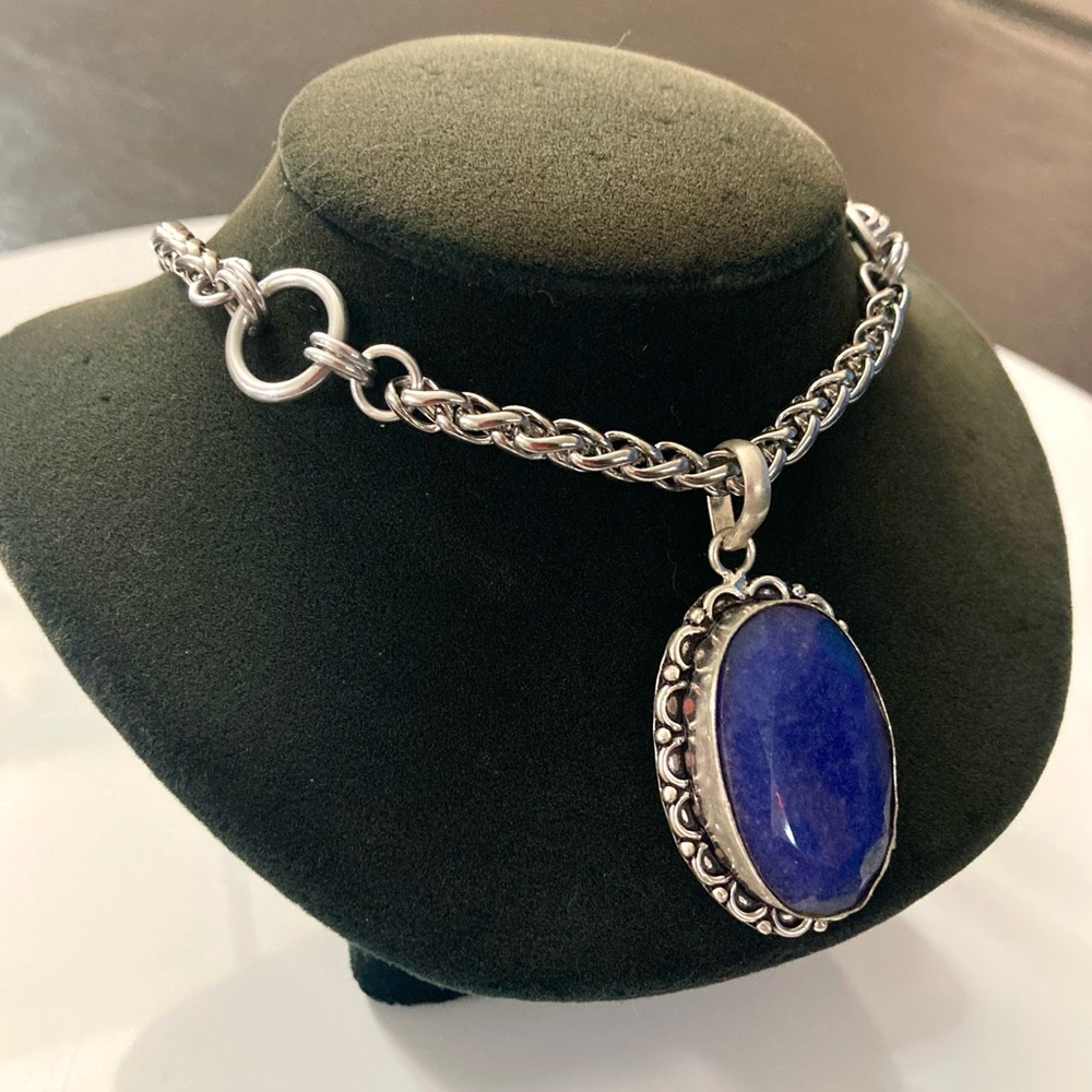 Genuine dark blue lapis lazuli oval gemstone boho charm silver necklace - Picture 6 of 13